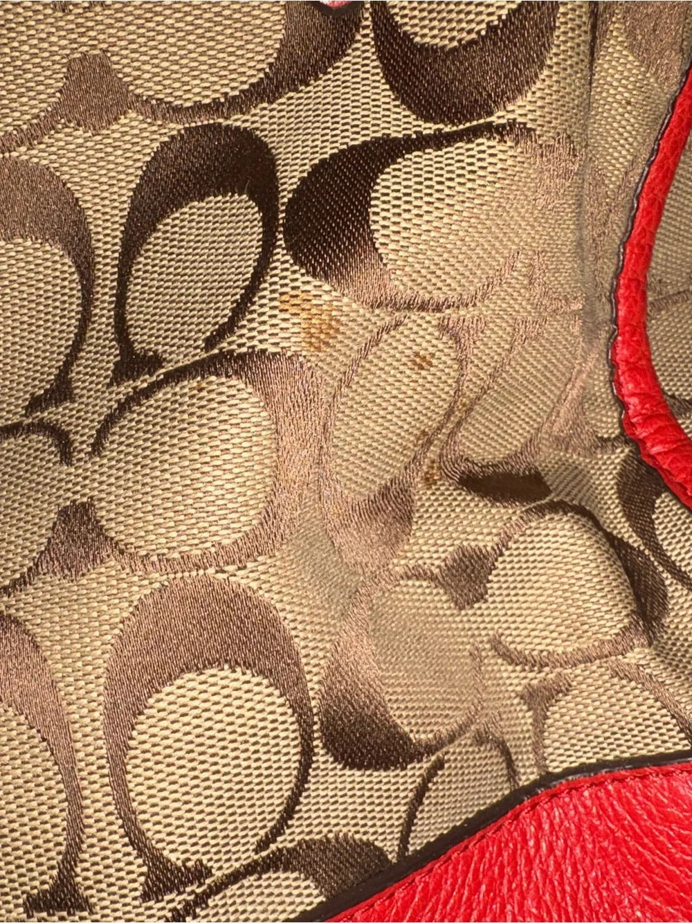 Coach Brown Signature Canvas Shoulder Bag with orange/red Trim